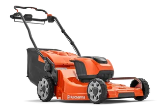 Side view of a Husqvarna battery-powered lawn mower.