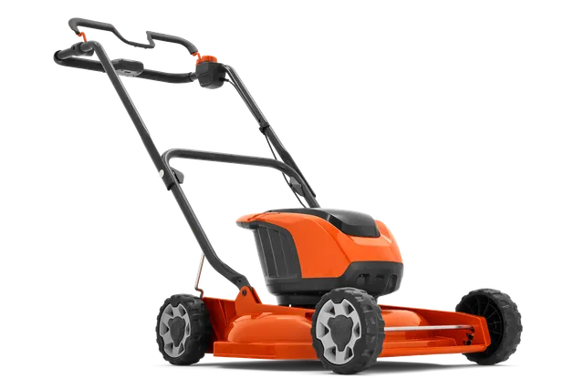 Seitenansicht eines akkubetriebenen Rasenmähers mit ergonomischem Griffdesign.