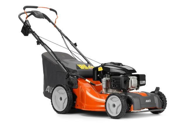 HUSQVARNA L321AHE. Side view of a lawn mower with AWD technology and grass collection bag.