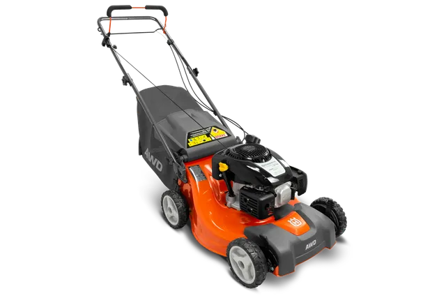Side view of a Husqvarna AWD lawn mower with visible engine and grass collection bag.