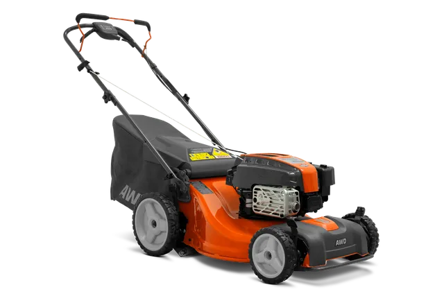 HUSQVARNA L321AH. Side view of a lawn mower with AWD feature and grass collection bag.