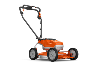 Side view of a battery-powered lawn mower with ergonomic handle.