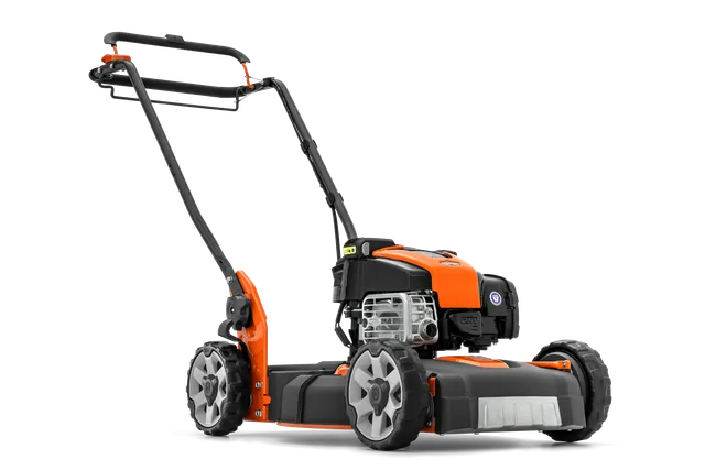 Seitenansicht eines Rasenmähers mit verstellbarem Griff und robusten Rädern.