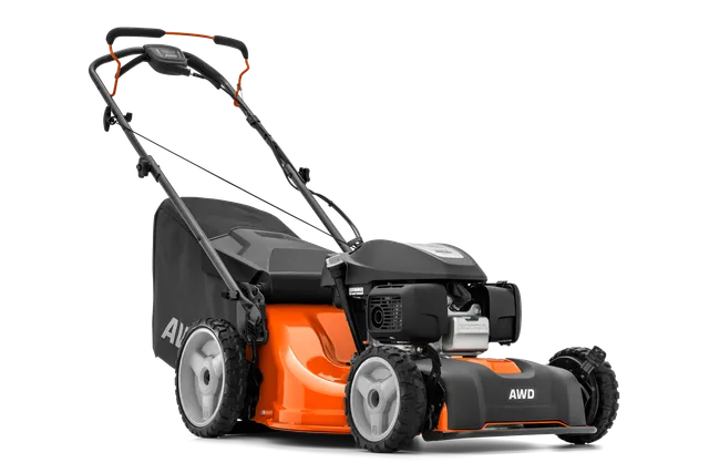 Összkerékhajtású fűnyíró oldalnézete.