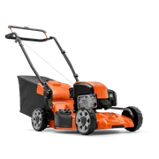 HUSQVARNA LC 153P. Vista lateral de un cortacésped con bolsa de recogida de hierba y manillar ergonómico.