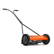 Side view of a Husqvarna manual lawn mower with a cylindrical cutting reel.