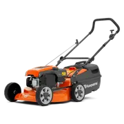 Side view of a Husqvarna lawn mower with a grass collection bag.