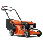 Sivunäkymä Husqvarna-ruohonleikkurista ruohonkeräyspussilla.