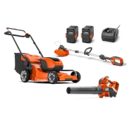 Composito da studio di tagliaerba, trimmer, soffiatore, batteria e caricabatterie Husqvarna.