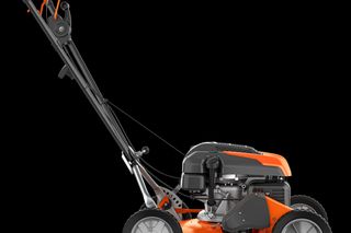 Side view of a walk-behind lawn mower with a visible engine and handle.