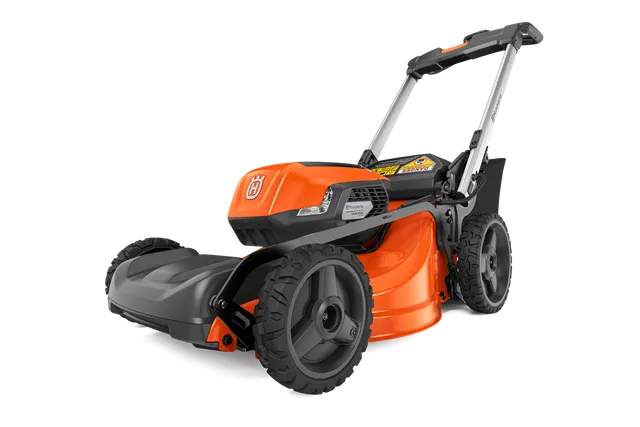 Side view of a Husqvarna battery-powered lawn mower.