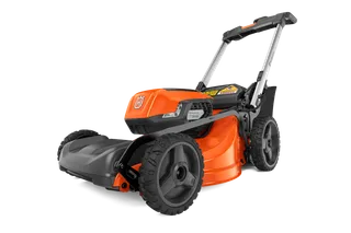 Side view of a Husqvarna battery-powered lawn mower.