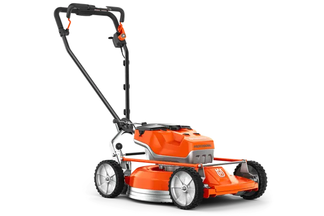 Side view of a Husqvarna battery-powered lawn mower.