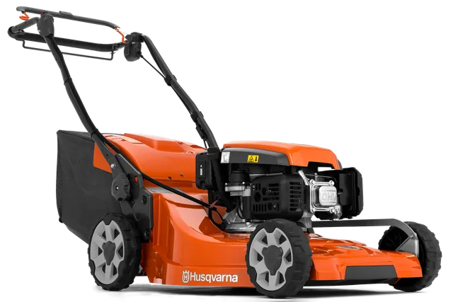 Вид збоку на газонокосарку Husqvarna з травозбірником.
