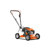 Vy från sidan av en gågräsklippare med robust handtag och synlig motor.