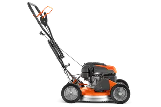 Side view of a lawn mower showcasing its engine and handle design.