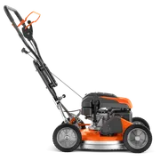 Side view of a lawn mower showcasing its engine and handle design.