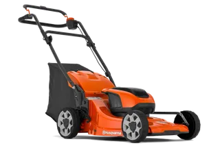Side view of a Husqvarna lawn mower with grass collection bag.