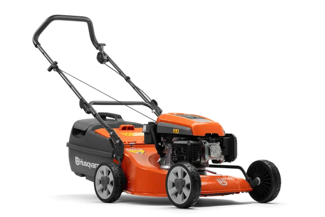 Side view of a Husqvarna lawn mower showcasing its design and features.