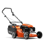 Side view of a Husqvarna lawn mower showcasing its design and features.