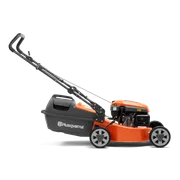 Side view of a Husqvarna lawn mower with grass collection bag.