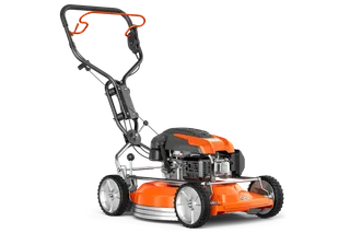 Вигляд збоку газонокосарки Husqvarna з міцною рамою та регульованою ручкою.