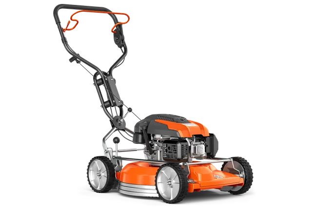 Вигляд збоку газонокосарки Husqvarna з міцною рамою та регульованою ручкою.