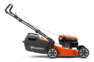 Side view of a Husqvarna lawn mower with grass collection bag.