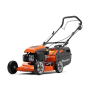 Side view of a Husqvarna lawn mower showcasing its design and features.