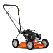 HUSQVARNA KLIPPO LB 448. Sidevisning av en skyvegressklipper med solid håndtak og synlig motor.