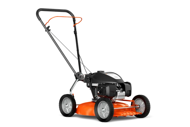 HUSQVARNA KLIPPO LB 448. Sidevisning av en skyvegressklipper med solid håndtak og synlig motor.
