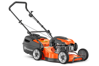 Side view of a Husqvarna lawn mower with a grass catcher.