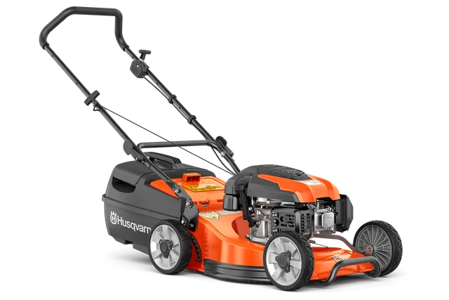 Side view of a Husqvarna lawn mower with a grass catcher.