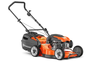 Side view of a Husqvarna lawn mower with a grass catcher.