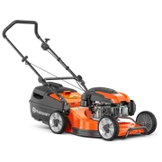 Side view of a Husqvarna lawn mower with a grass catcher.