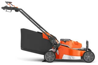Vue latérale d’une tondeuse à batterie Husqvarna.