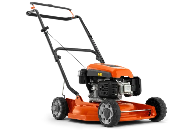 Seitenansicht eines Rasenmähers mit robustem Motor und verstellbarem Griff.