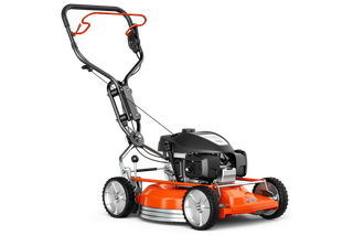 Side view of a Husqvarna walk-behind lawn mower with a robust handle.