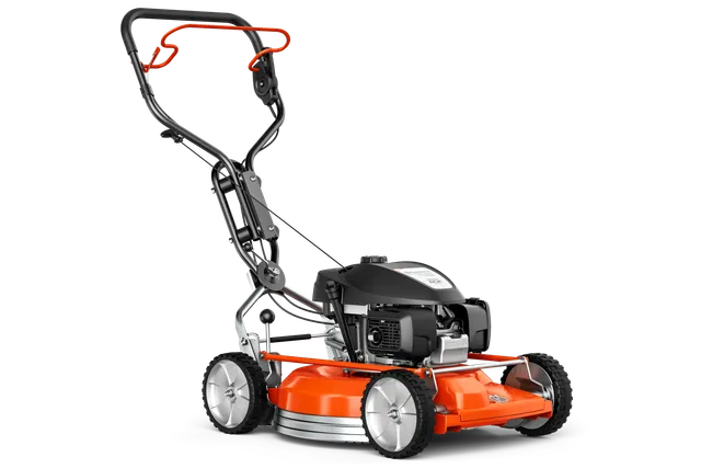 Husqvarna KLIPPO LB 553S e. Side view of a Husqvarna walk-behind lawn mower with a robust handle.