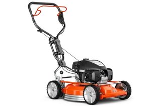 HUSQVARNA KLIPPO LB 553S e. Side view of a Husqvarna walk-behind lawn mower with a robust handle.