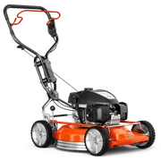 HUSQVARNA KLIPPO LB 553S e. Side view of a Husqvarna walk-behind lawn mower with a robust handle.
