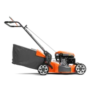 Side view of a lawn mower with a grass collection bag attached.