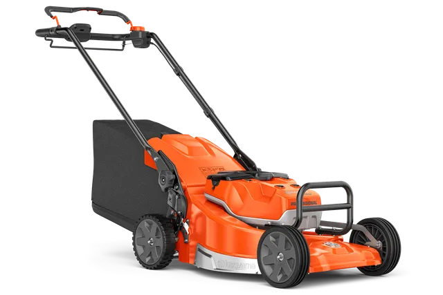 Side view of a Husqvarna battery-powered lawn mower.