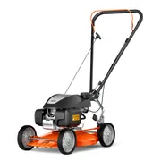 HUSQVARNA KLIPPO LB 442. Sidevisning av en gressklipper med solid håndtak og fire hjul.
