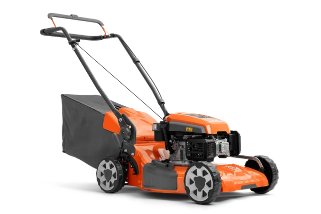 Side view of a Husqvarna lawn mower with a grass collection bag.
