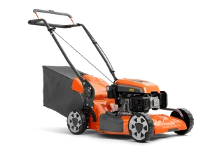 Side view of a Husqvarna lawn mower with a grass collection bag.