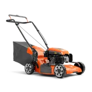 Side view of a Husqvarna lawn mower with a grass collection bag.