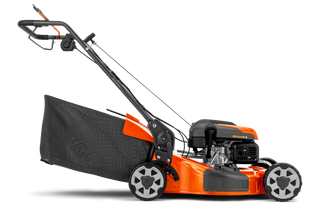 Side view of a lawn mower with a collection bag.