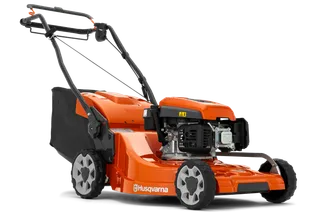 Side view of a Husqvarna lawn mower with a grass collection bag.