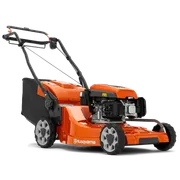 Side view of a Husqvarna lawn mower with a grass collection bag.